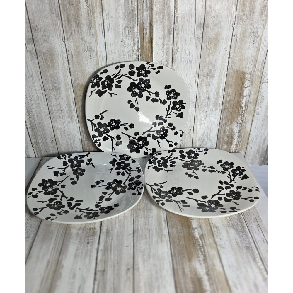 Fisher Home Product replacement 3 Square Stoneware Plates Black Cherry Blossom